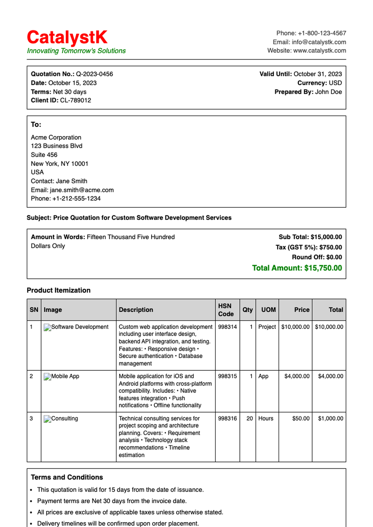 Professional software generated quotation for electrical IoT devices with GST breakdown and brand_variant_3